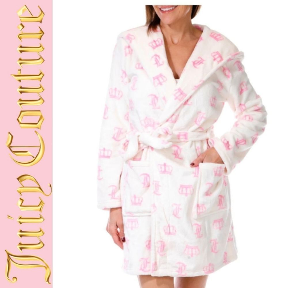Juicy Couture JC Crown Logo Pattern Plush Collar Hooded Robe